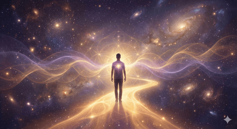 A person stands on a glowing path of light under a cosmic sky, radiating soft energy waves that symbolize manifestation and alignment with the universe.