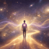 A person stands on a glowing path of light under a cosmic sky, radiating soft energy waves that symbolize manifestation and alignment with the universe.